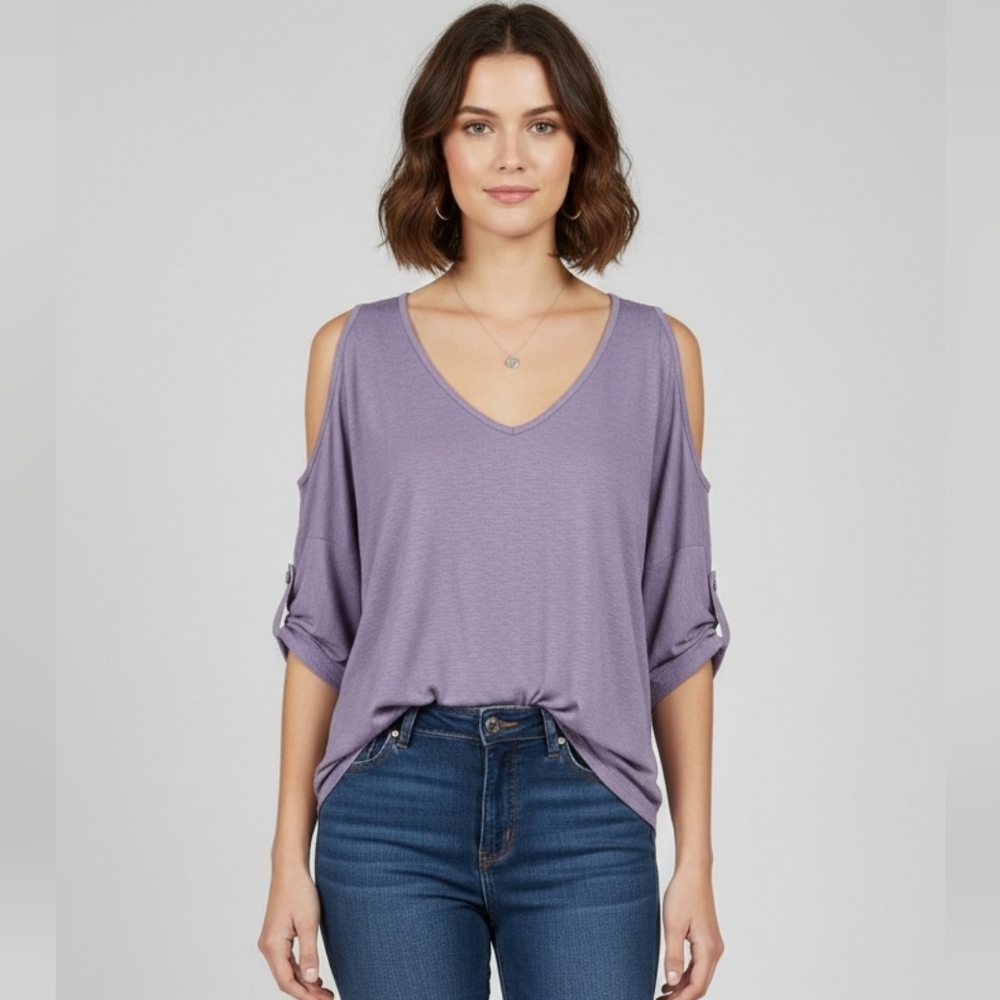 Tahari medium cold shoulder purple blouse top
